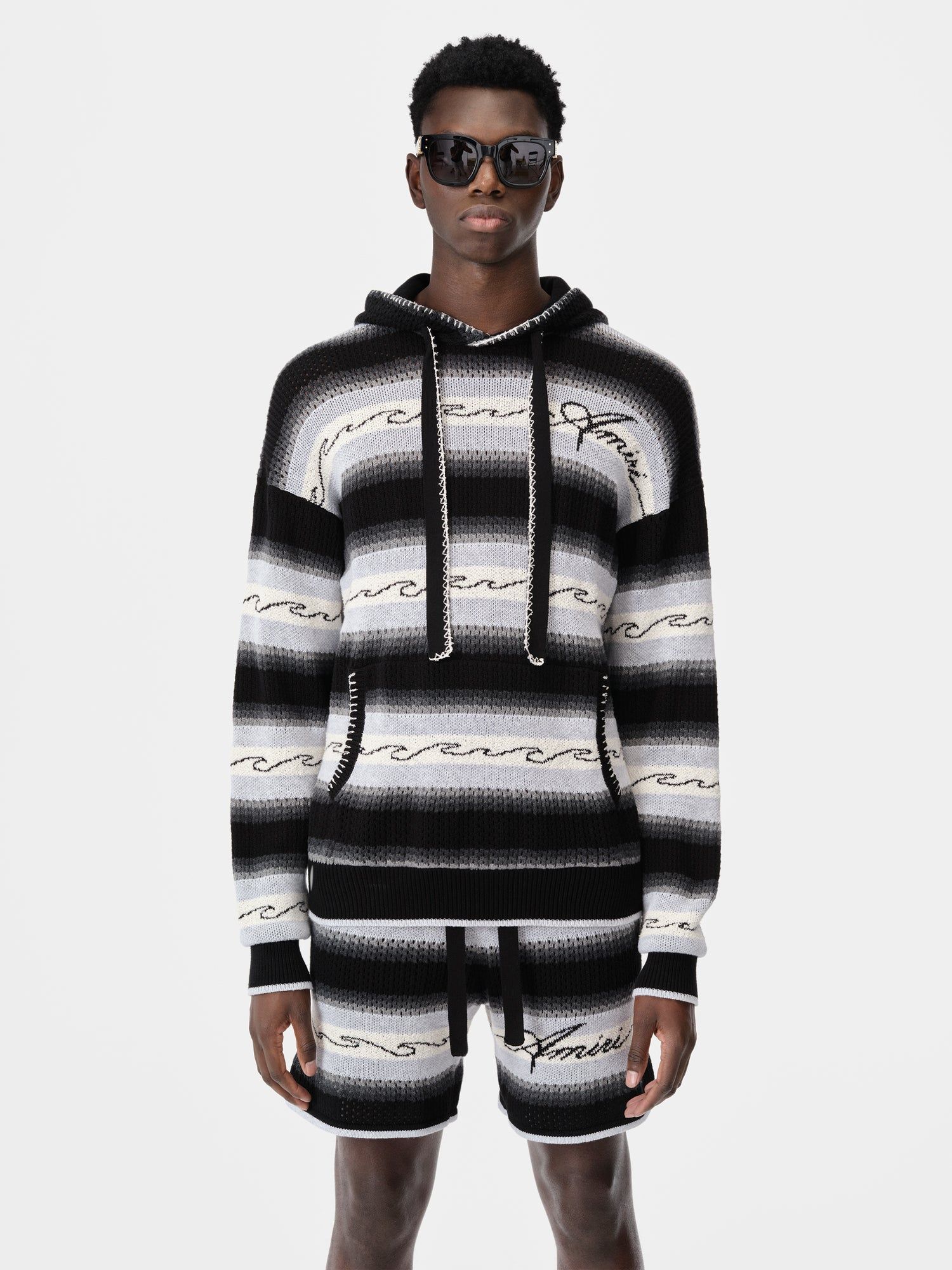 Amiri Amri Wave Baja Stripe Hoodie Men Knitwear Black | NWRICOG-50