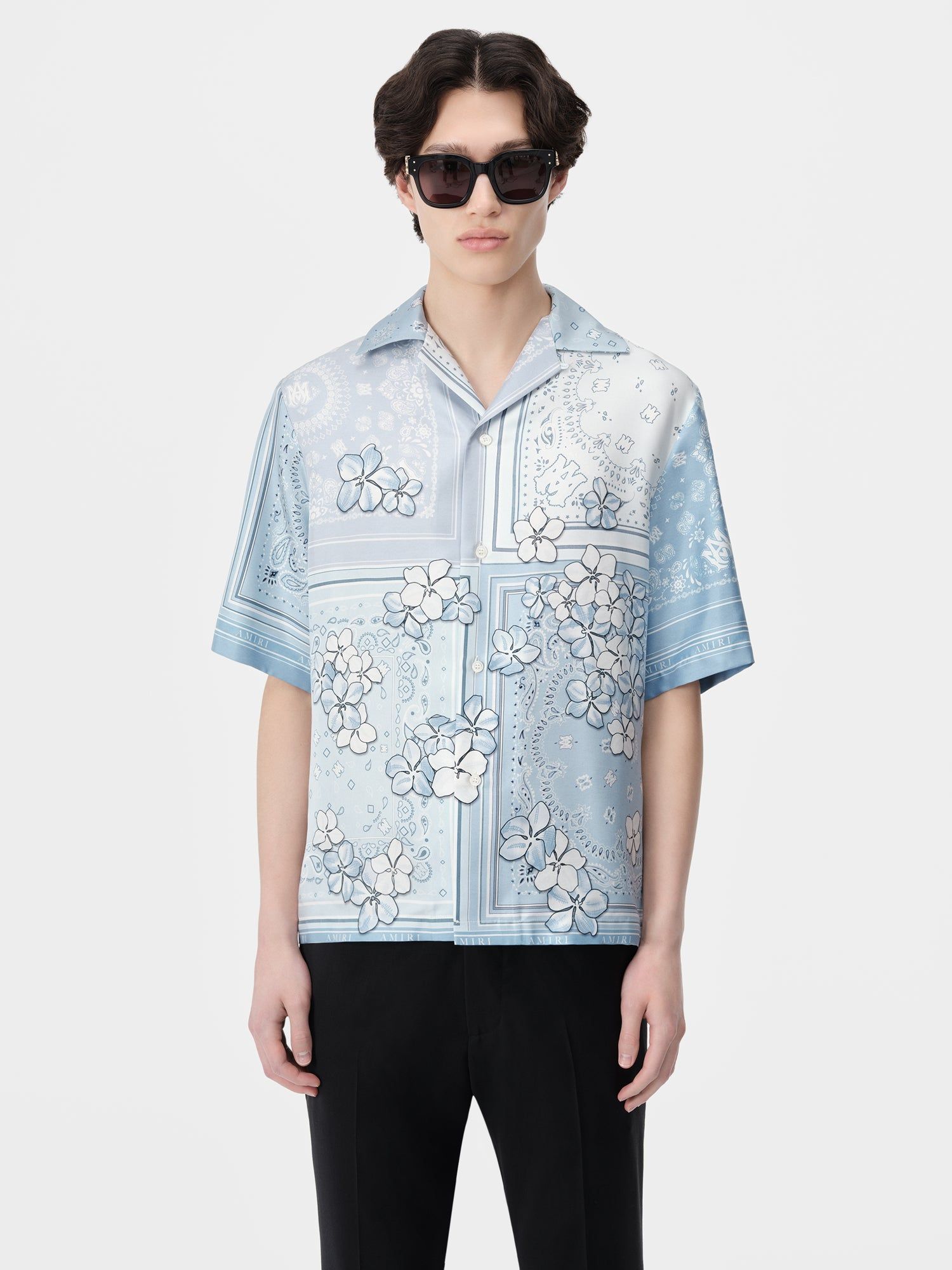 Amiri Bandana Floral Bowling Shirt Men Shirts Cerulean | PWQURFJ-59