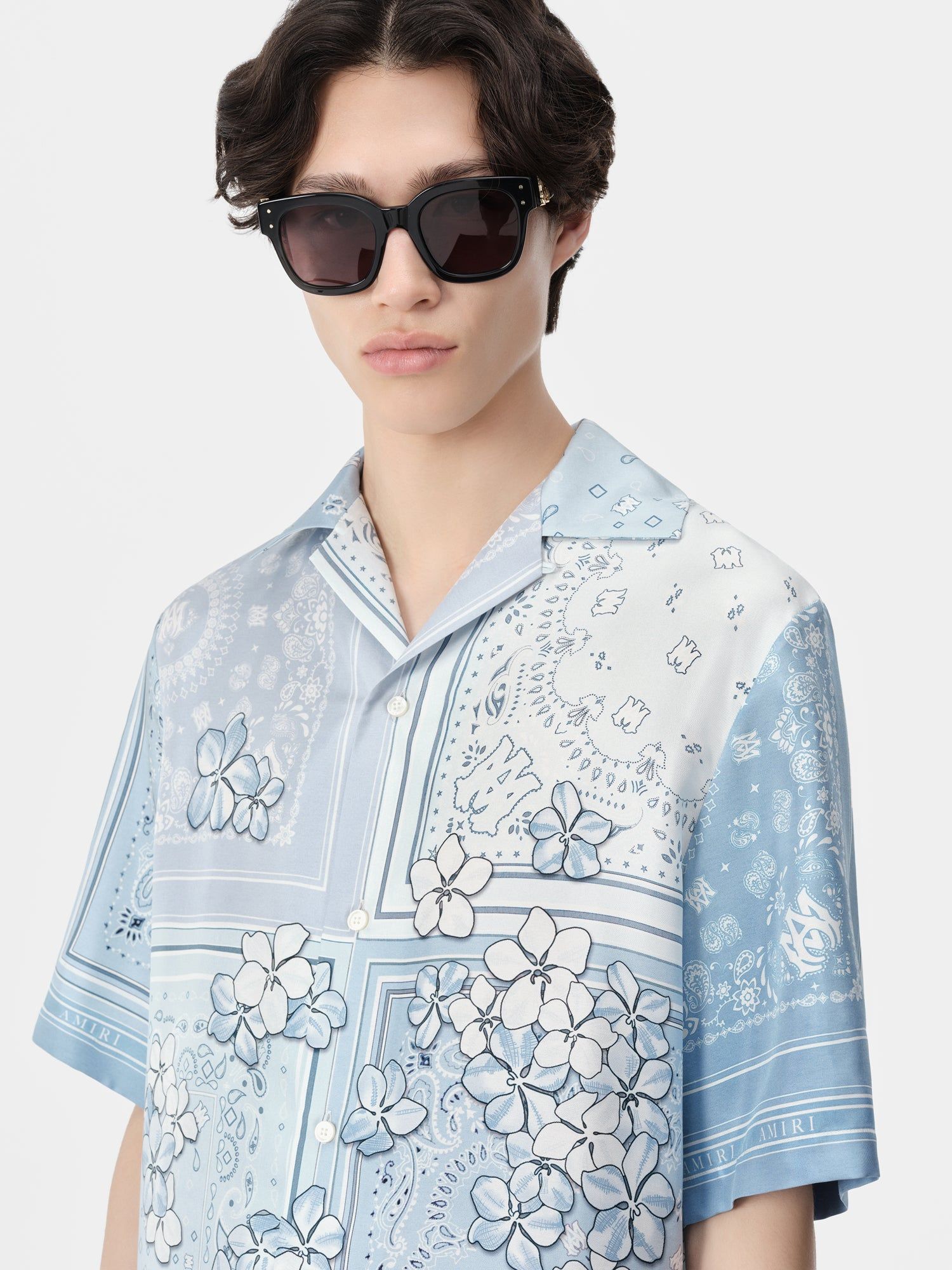 Amiri Bandana Floral Bowling Shirt Men Shirts Cerulean | PWQURFJ-59