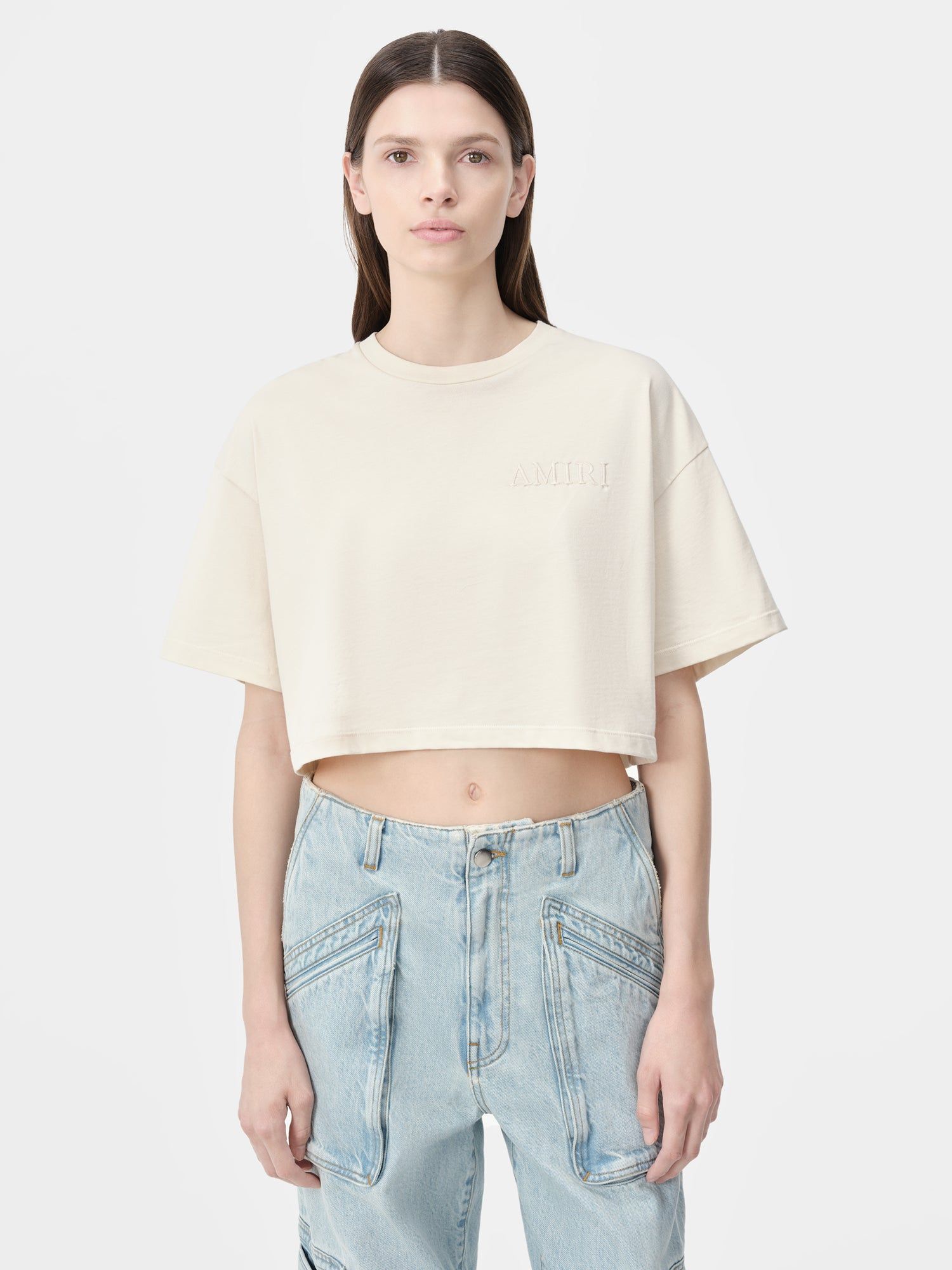 Amiri Embroidered Cropped Tee Women T Shirts Alabaster | LVECNIW-20