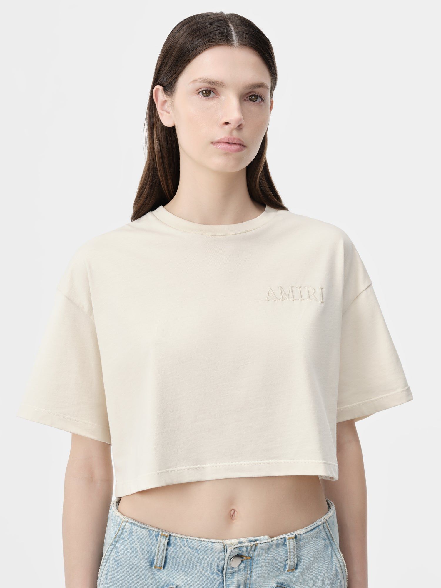 Amiri Embroidered Cropped Tee Women T Shirts Alabaster | LVECNIW-20