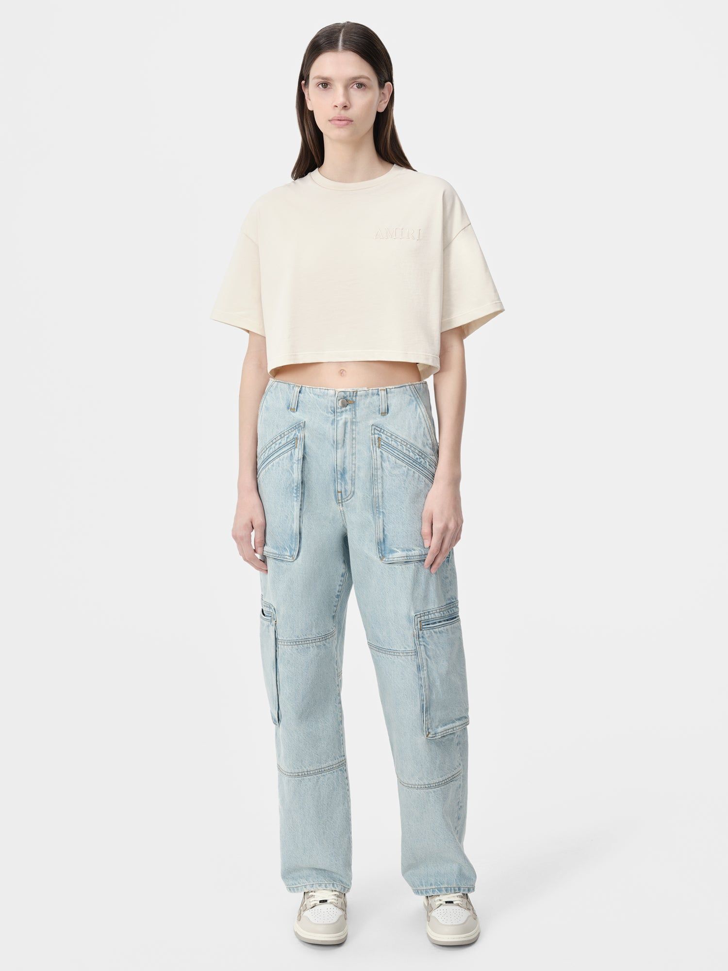 Amiri Embroidered Cropped Tee Women T Shirts Alabaster | LVECNIW-20