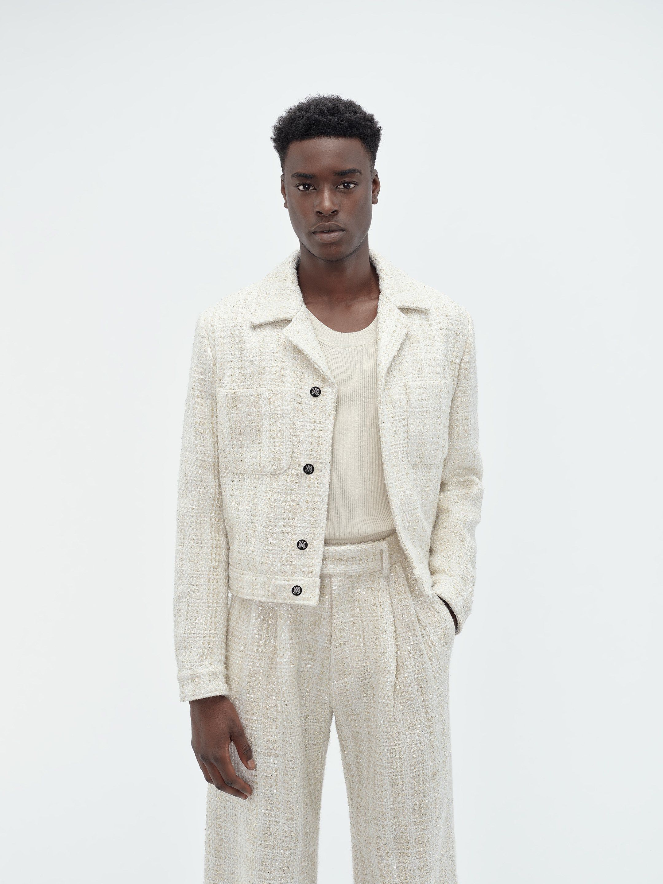 Amiri Sequin Boucle Shirt Jacket Men Outerwear Alabaster | WIHRLNP-67