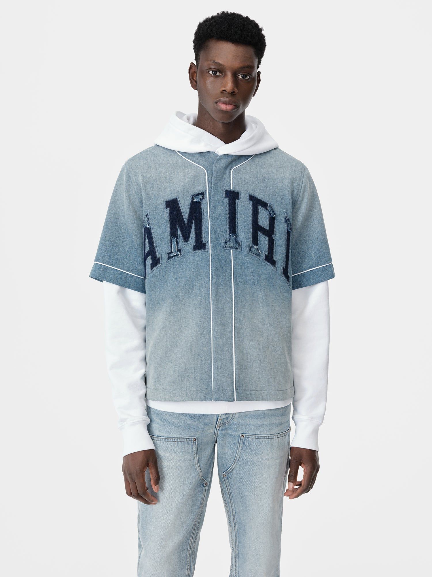 Amiri Sunfaded Baseball Shirt Men Denim Indigo | QPEVOLF-50