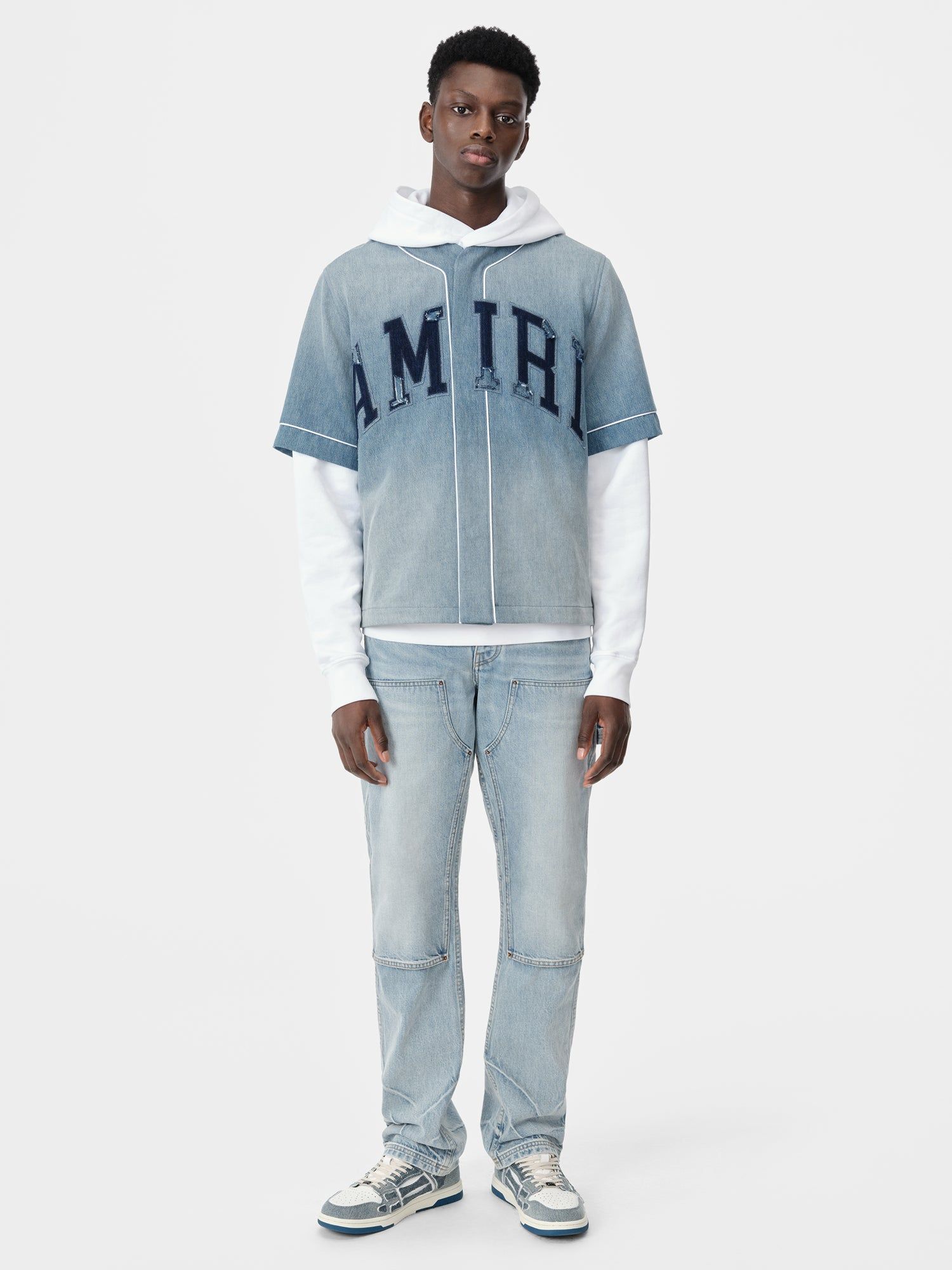 Amiri Sunfaded Baseball Shirt Men Denim Indigo | QPEVOLF-50