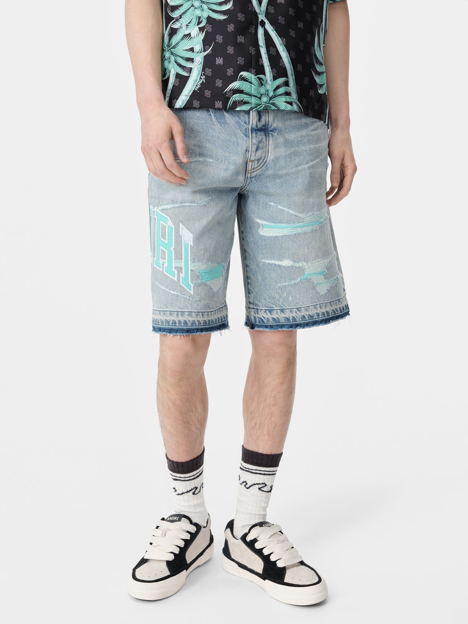 Amiri Varsity Logo Repair Short Men Denim Indigo | TJHACBE-83