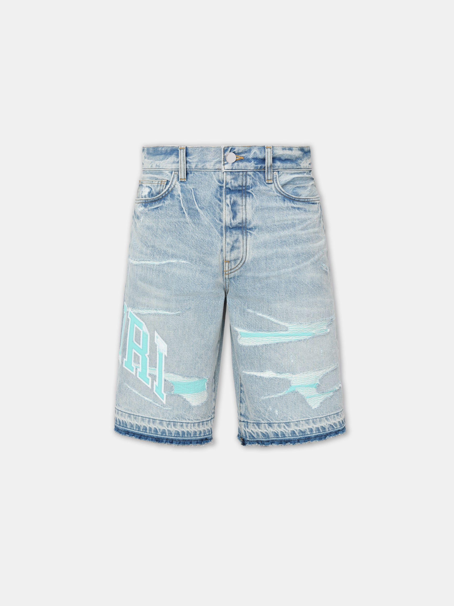 Amiri Varsity Logo Repair Short Men Denim Indigo | TJHACBE-83